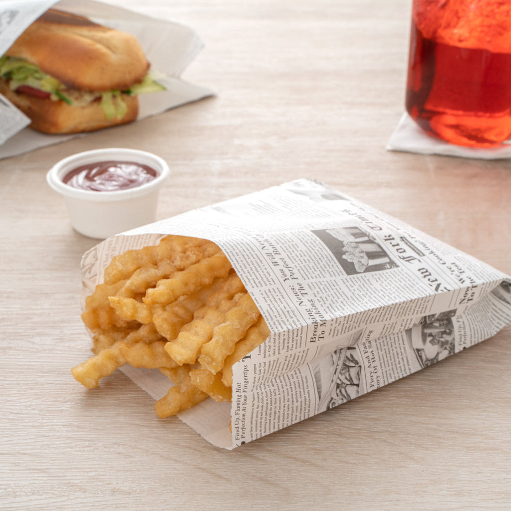 Bag Tek Newsprint Paper French Fry / Snack Bag - 4 1/4" x 1 1/2" x 6 1/4" - 100 count box