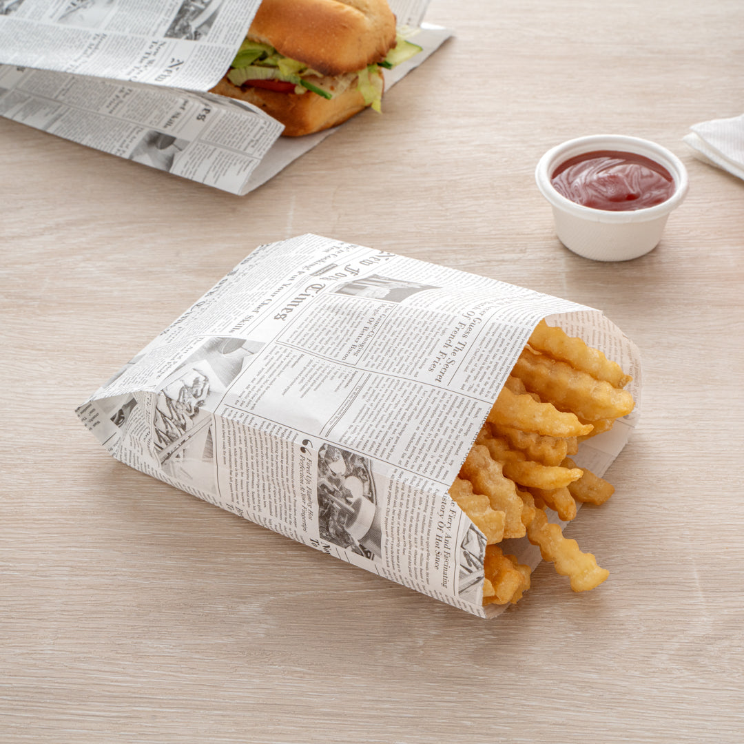 Bag Tek Newsprint Paper French Fry / Snack Bag - 4 1/4" x 1 1/2" x 6 1/4" - 100 count box