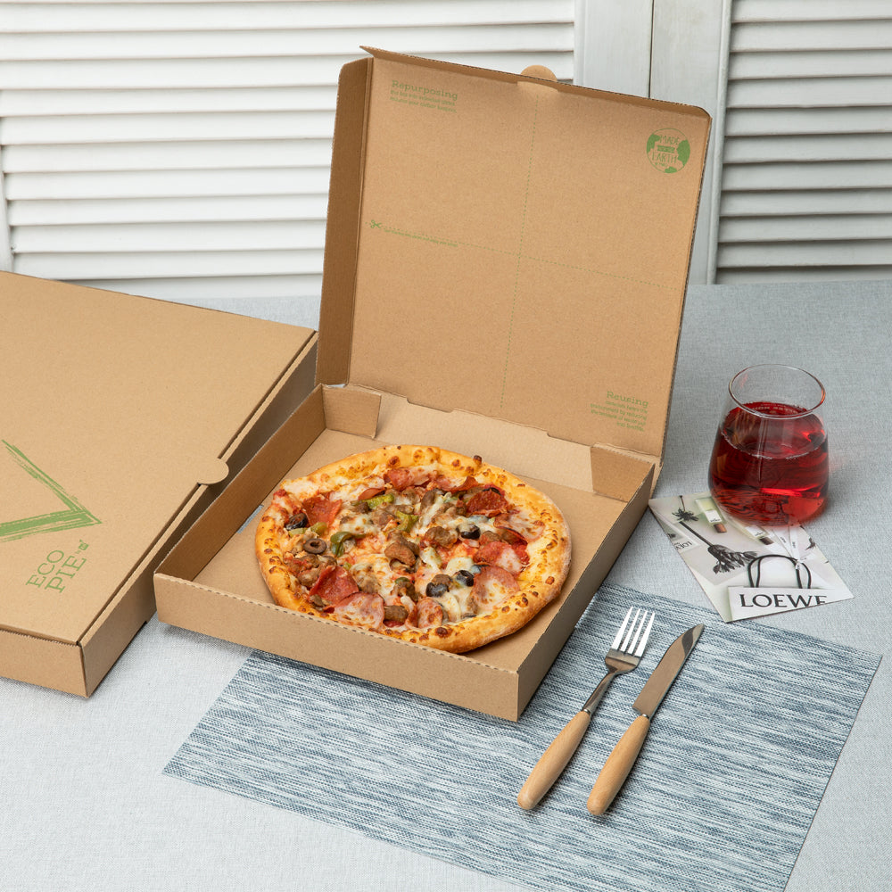Eco Pie Kraft and Green Paper Corrugated Pizza Box - Repurpose for Plates - 16 1/4" x 16 1/4" x 1 3/4" - 50 count box