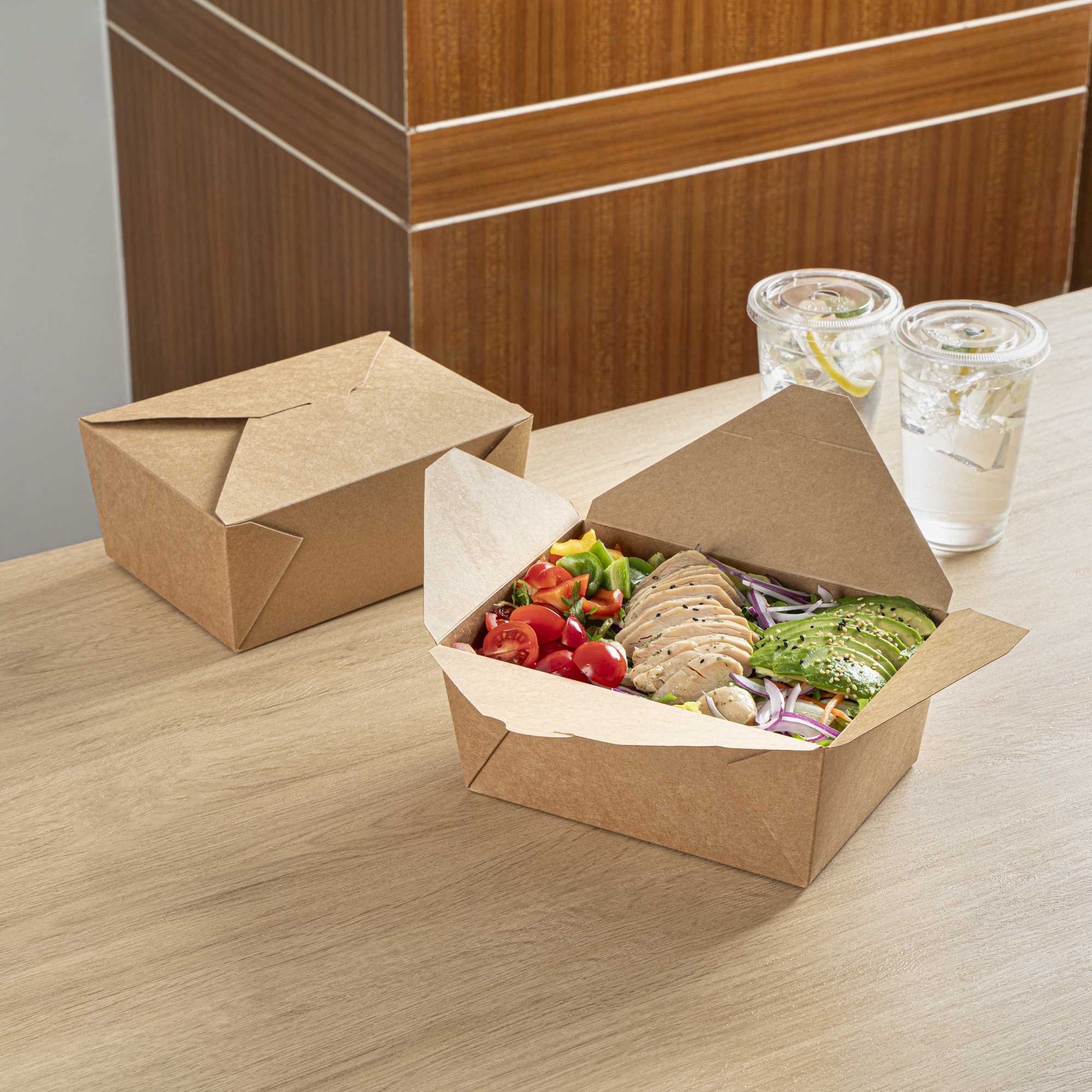 Bio Tek 98 oz Rectangle Kraft Paper Microwavable #4 Bio Box Take Out Container - 8 1/2" x 6 1/4" x 3 1/2" - 50 count box