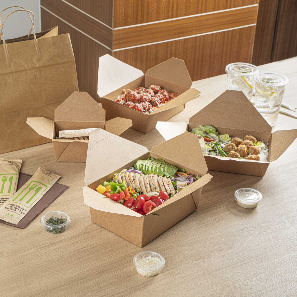 Bio Tek 98 oz Rectangle Kraft Paper Microwavable #4 Bio Box Take Out Container - 8 1/2" x 6 1/4" x 3 1/2" - 50 count box