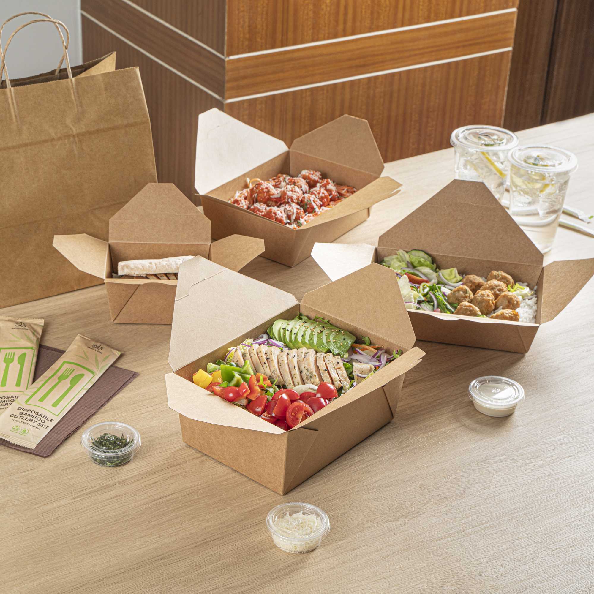 Bio Tek 98 oz Rectangle Kraft Paper Microwavable #4 Bio Box Take Out Container - 8 1/2" x 6 1/4" x 3 1/2" - 50 count box