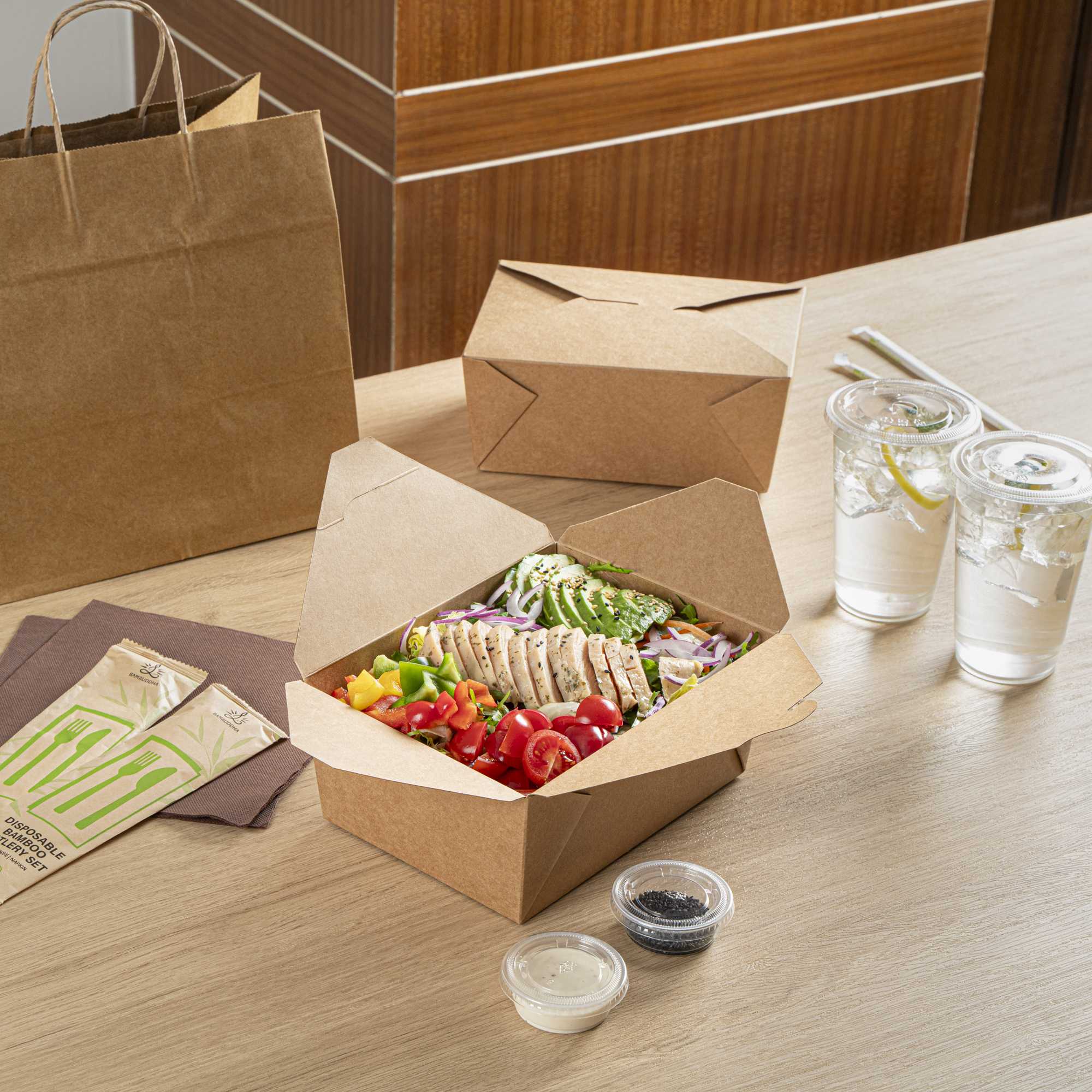 Bio Tek 98 oz Rectangle Kraft Paper Microwavable #4 Bio Box Take Out Container - 8 1/2" x 6 1/4" x 3 1/2" - 200 count box
