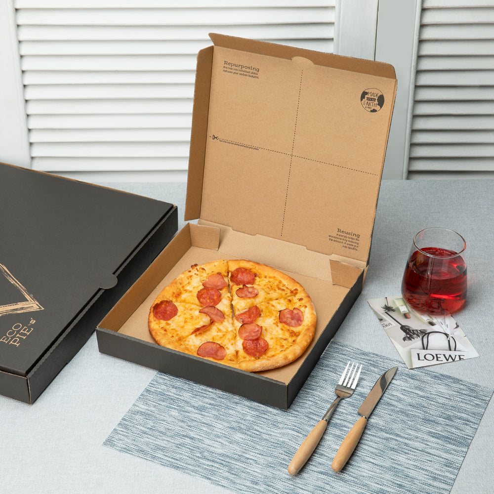 Eco Pie Kraft and Black Paper Corrugated Pizza Box - Repurpose for Plates - 14 1/2" x 14 1/2" x 1 3/4" - 50 count box