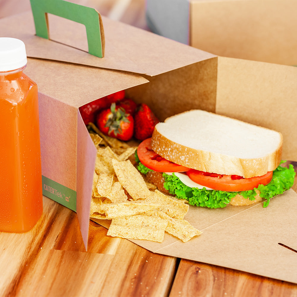 Cater Tek Rectangle Kraft and Green Paper Deep Take Out Container - with Handle - 9" x 7" x 4" - 100 count box