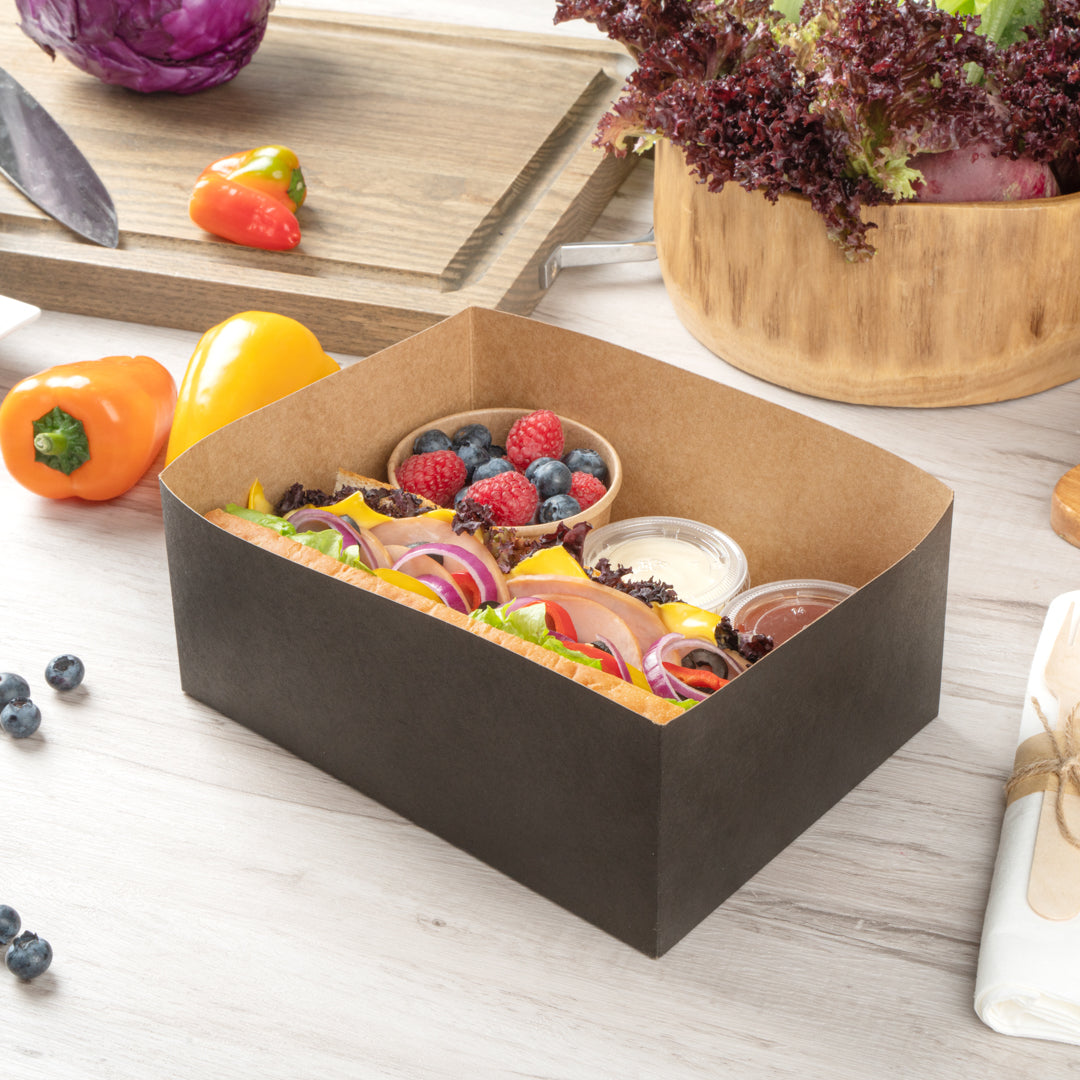 Bio Tek Rectangle Black Paper Sandwich / Burger Open Tray - 8 1/2" x 6" x 3 1/2" - 100 count box