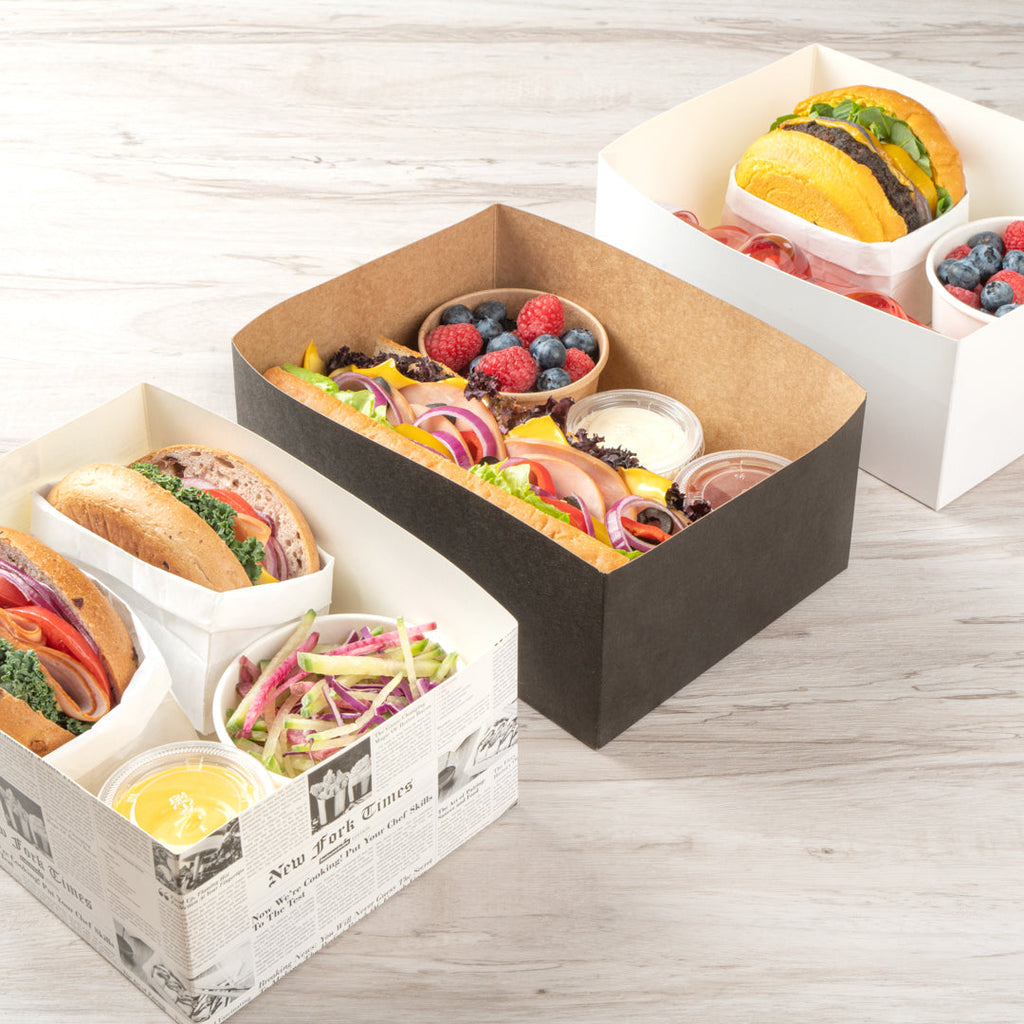 Bio Tek Rectangle Black Paper Sandwich / Burger Open Tray - 8 1/2" x 6" x 3 1/2" - 100 count box