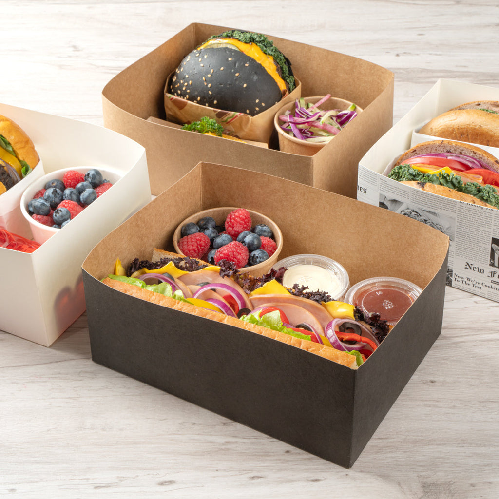 Bio Tek Rectangle Black Paper Sandwich / Burger Open Tray - 8 1/2" x 6" x 3 1/2" - 100 count box