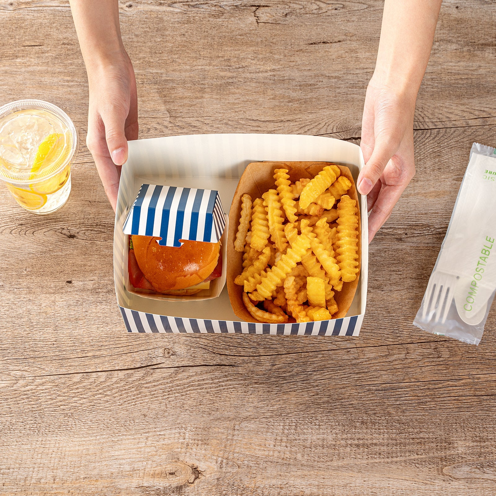 Bio Tek Rectangle Blue and White Stripe Paper Sandwich / Burger Open Tray - 8 1/2" x 6" x 3 1/2" - 100 count box