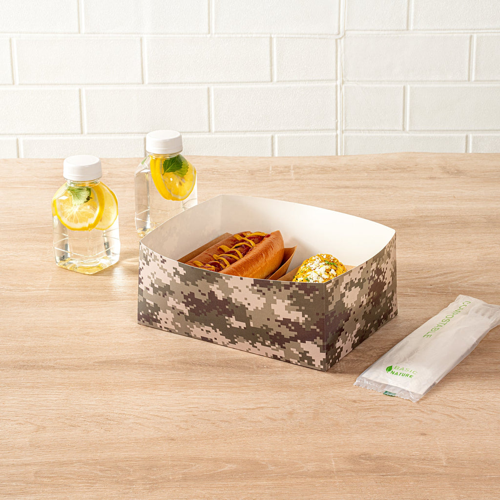 Bio Tek Rectangle Camouflage Paper Sandwich / Burger Open Tray - 8 1/2" x 6" x 3 1/2" - 100 count box