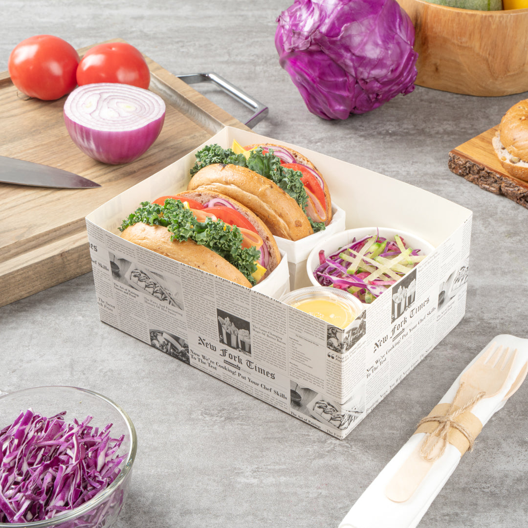 Bio Tek Rectangle Newsprint Paper Sandwich / Burger Open Tray - 8 1/2" x 6" x 3 1/2" - 100 count box