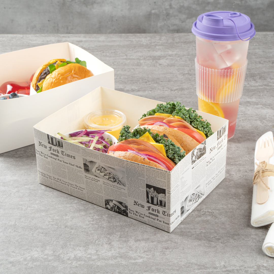 Bio Tek Rectangle Newsprint Paper Sandwich / Burger Open Tray - 8 1/2" x 6" x 3 1/2" - 100 count box