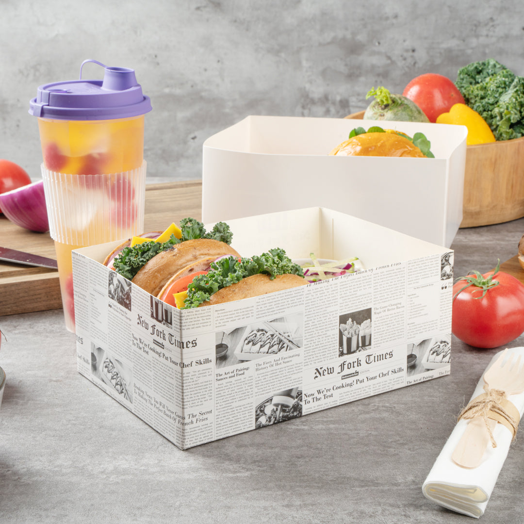 Bio Tek Rectangle Newsprint Paper Sandwich / Burger Open Tray - 8 1/2" x 6" x 3 1/2" - 100 count box