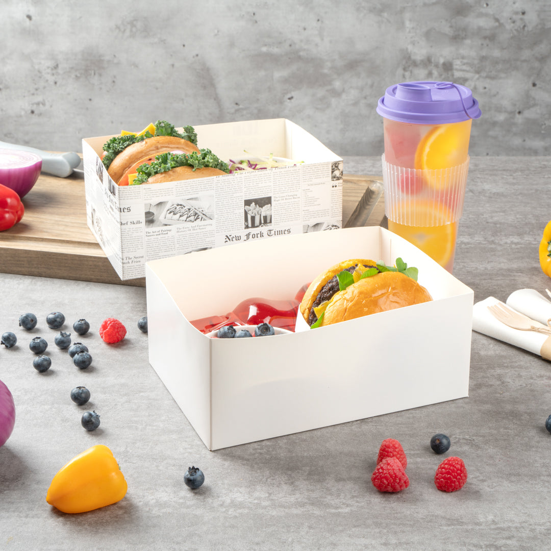 Bio Tek Rectangle White Paper Sandwich / Burger Open Tray - 8 1/2" x 6" x 3 1/2" - 100 count box