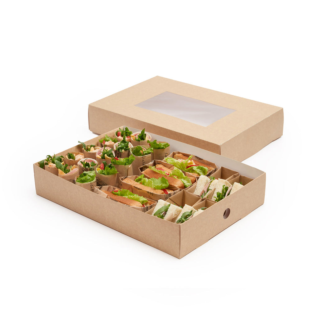Slide Tek Rectangle Kraft Paper Catering Tray - with Window - 17 3/4" x 12 1/4" x 3 1/4" - 10 count box