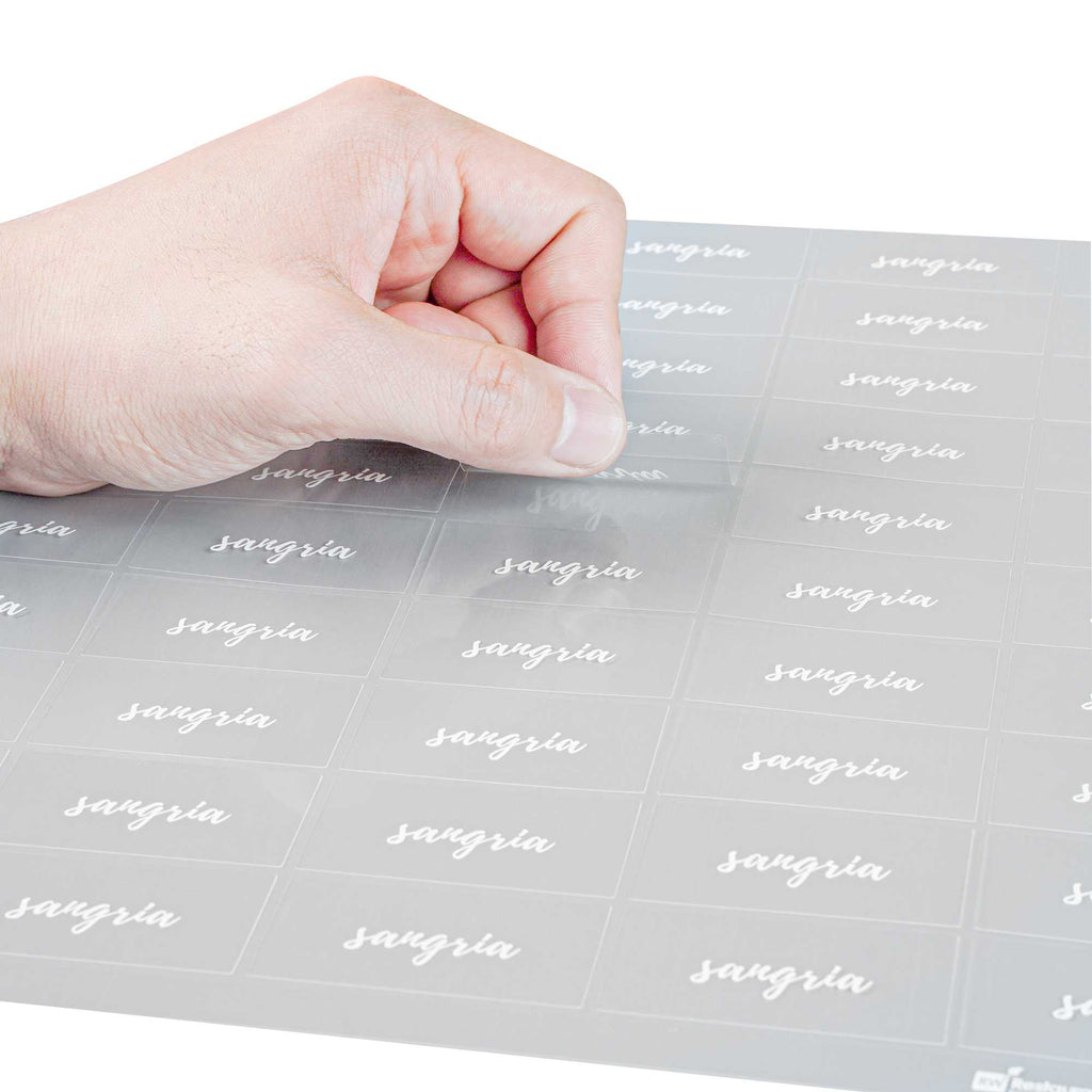 Label Tek Plastic Sangria Label - Clear with White Font, Water-Resistant - 2" x 1" - 100 count box