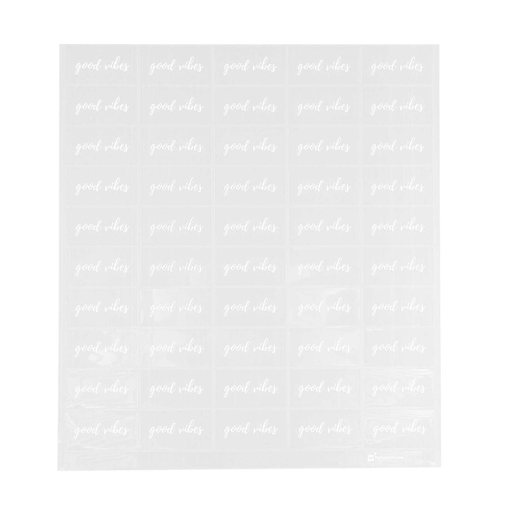 Label Tek Plastic Good Vibes Label - Clear with White Font, Water-Resistant - 2" x 1" - 100 count box