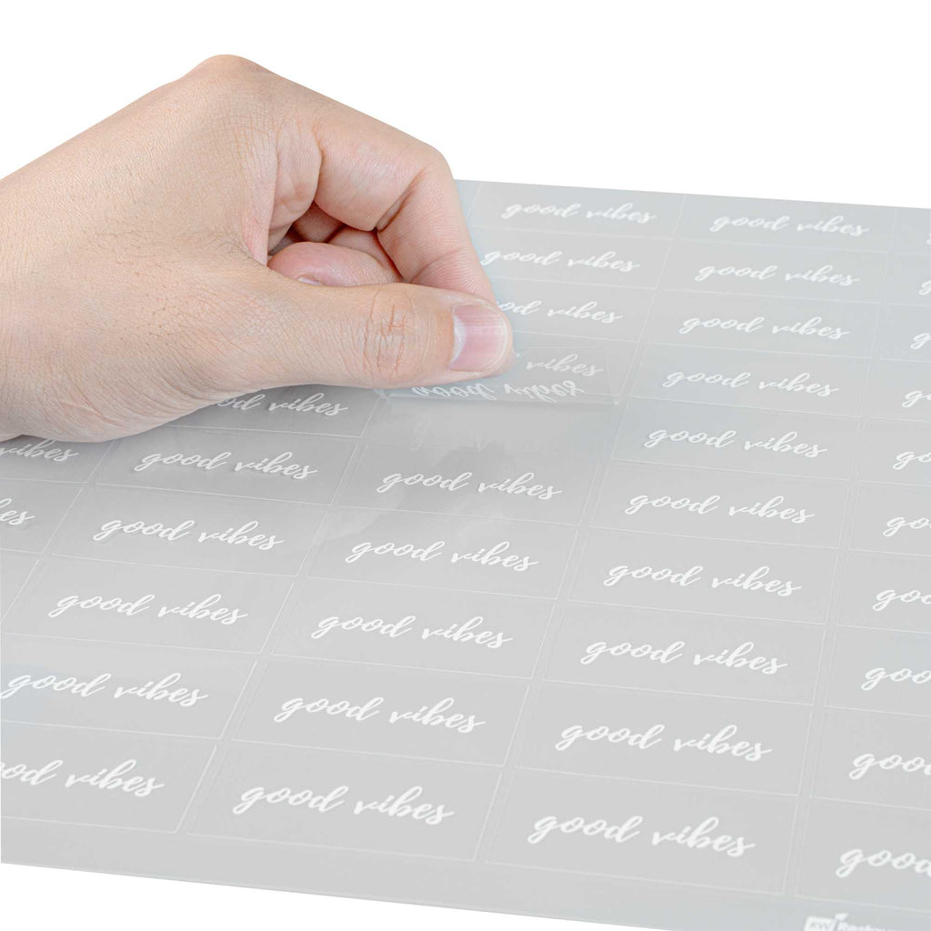 Label Tek Plastic Good Vibes Label - Clear with White Font, Water-Resistant - 2" x 1" - 100 count box