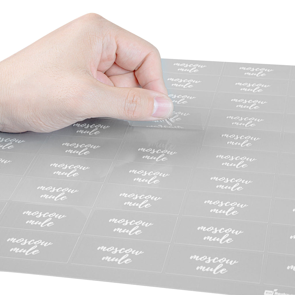 Label Tek Plastic Moscow Mule Label - Clear with White Font, Water-Resistant - 2" x 1" - 100 count box