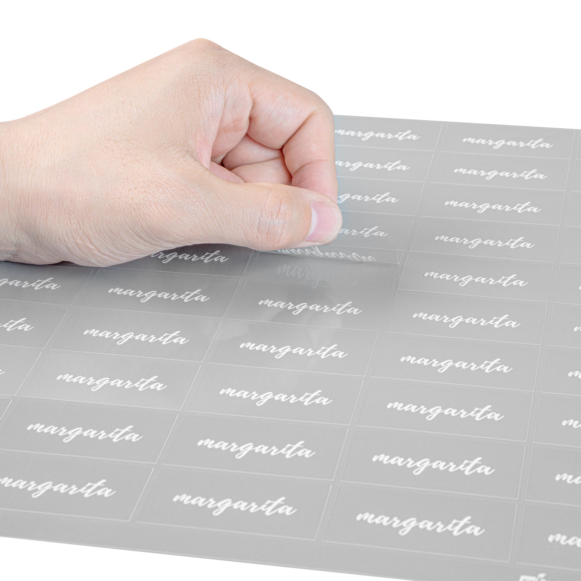 Label Tek Plastic Margarita Label - Clear with White Font, Water-Resistant - 2" x 1" - 100 count box