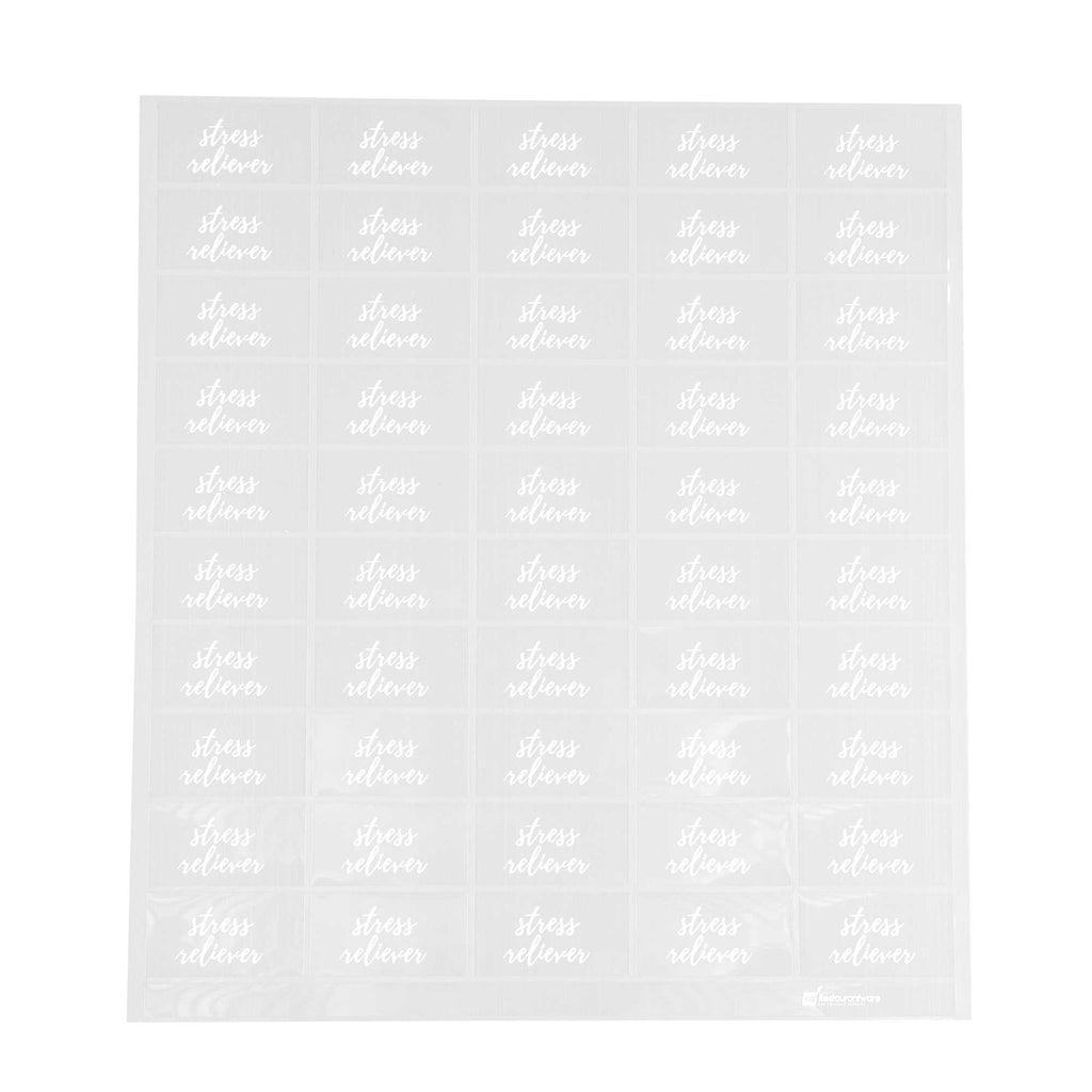 Label Tek Plastic Stress Reliever Label - Clear with White Font, Water-Resistant - 2" x 1" - 100 count box