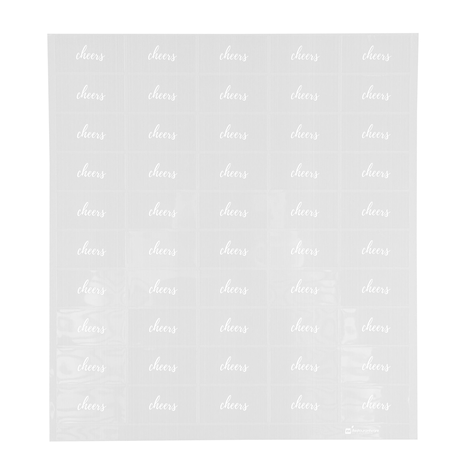 Label Tek Plastic Cheers Label - Clear with White Font, Water-Resistant - 2" x 1" - 100 count box