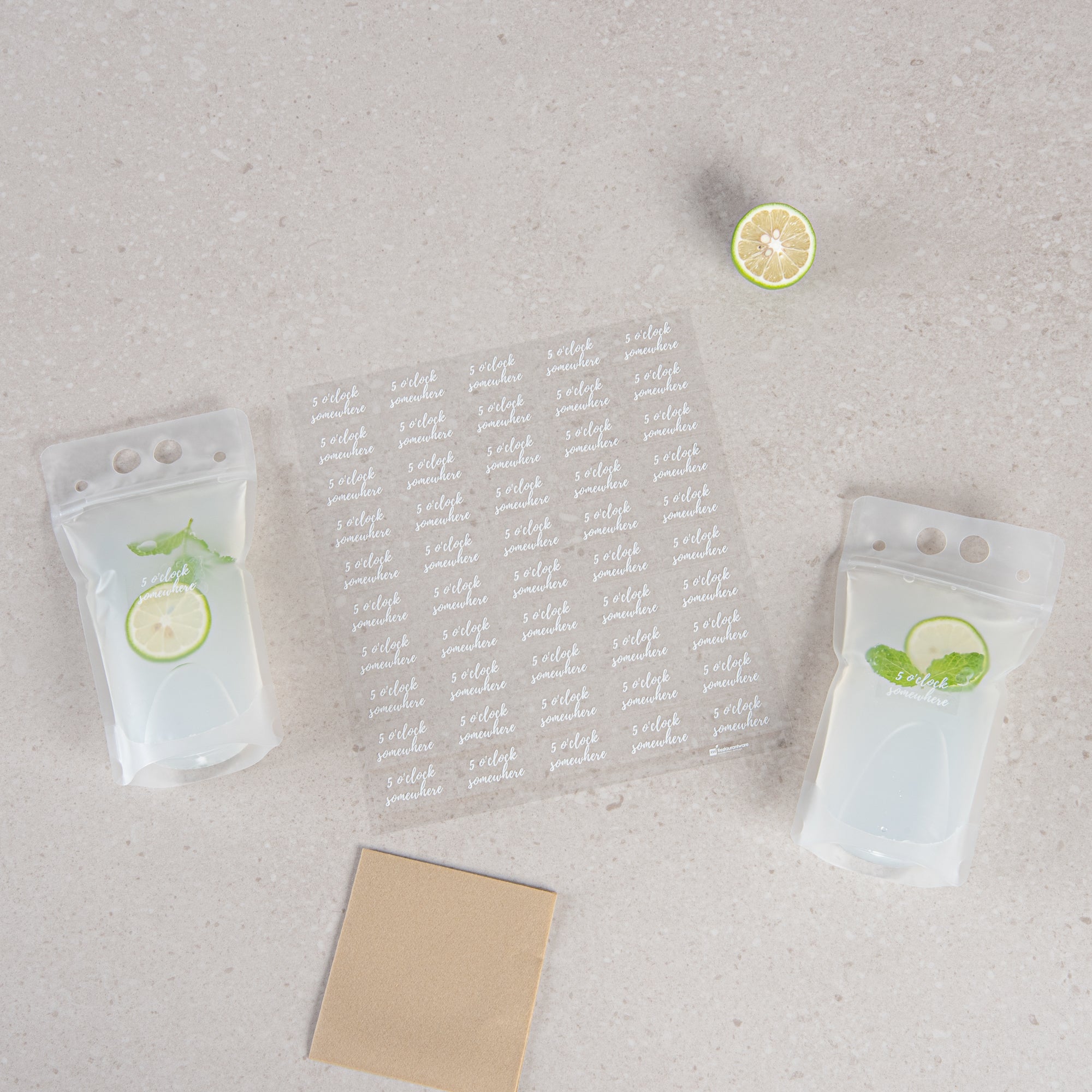 Label Tek Plastic 5 O'Clock Somewhere Label - Clear with White Font, Water-Resistant - 2" x 1" - 100 count box