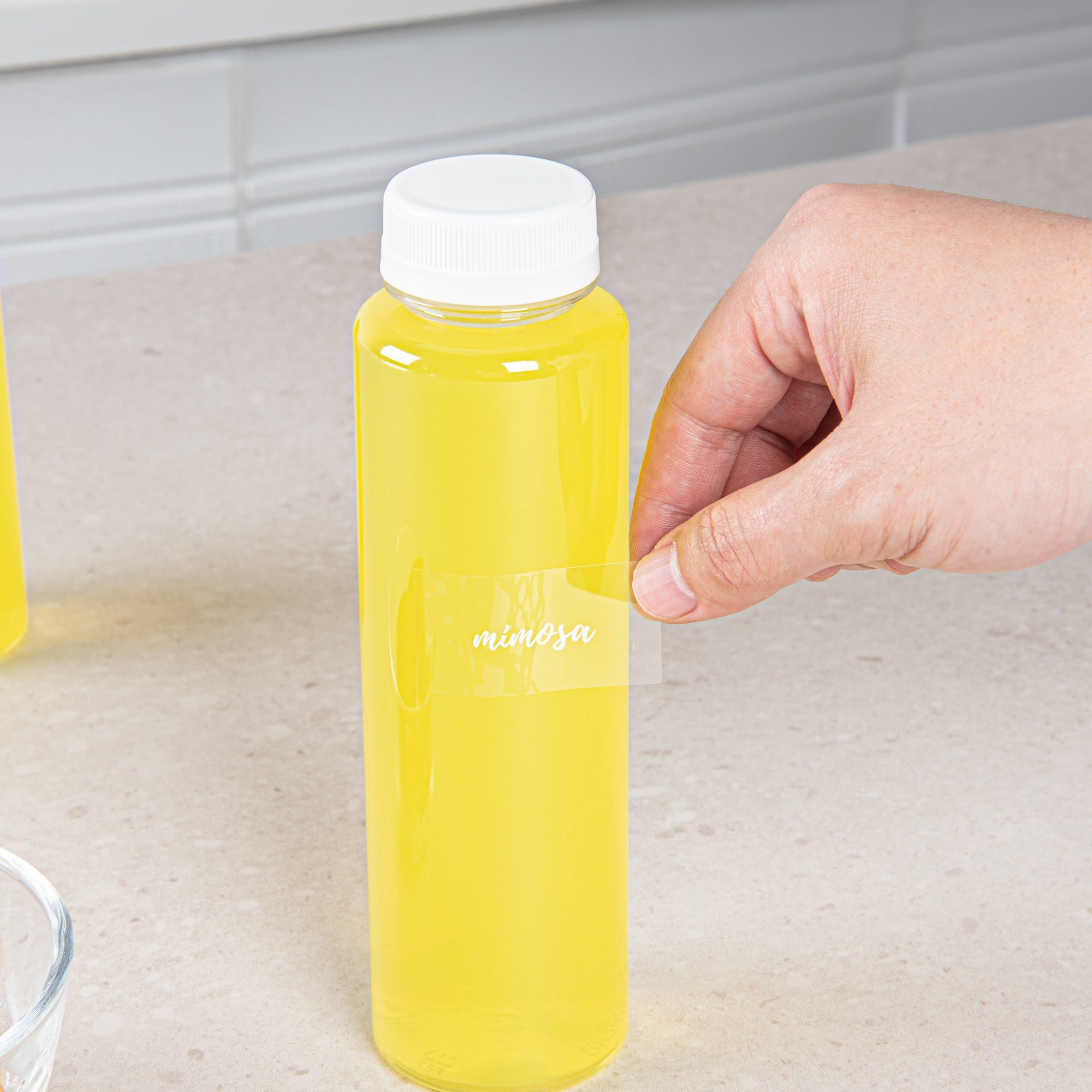 Label Tek Plastic Mimosa Label - Clear with White Font, Water-Resistant - 2" x 1" - 100 count box