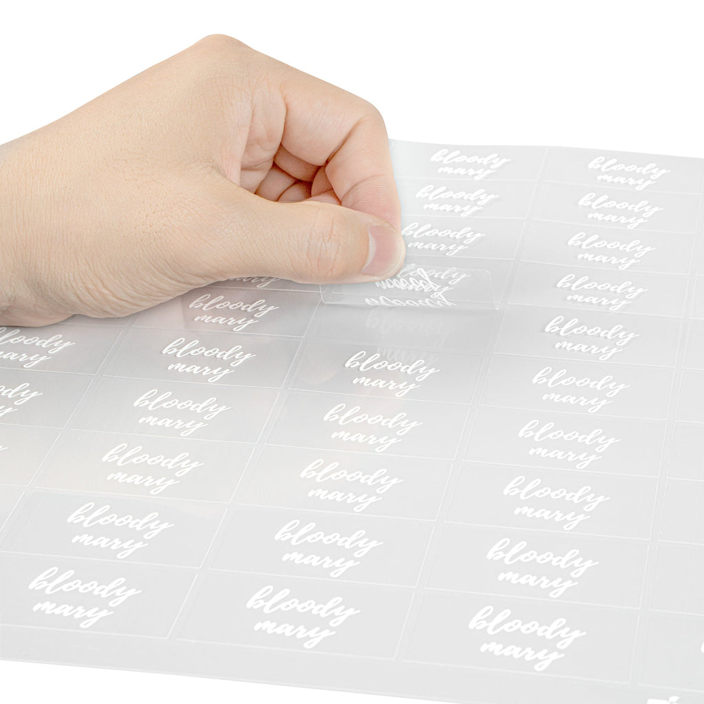 Label Tek Plastic Bloody Mary Label - Clear with White Font, Water-Resistant - 2" x 1" - 100 count box