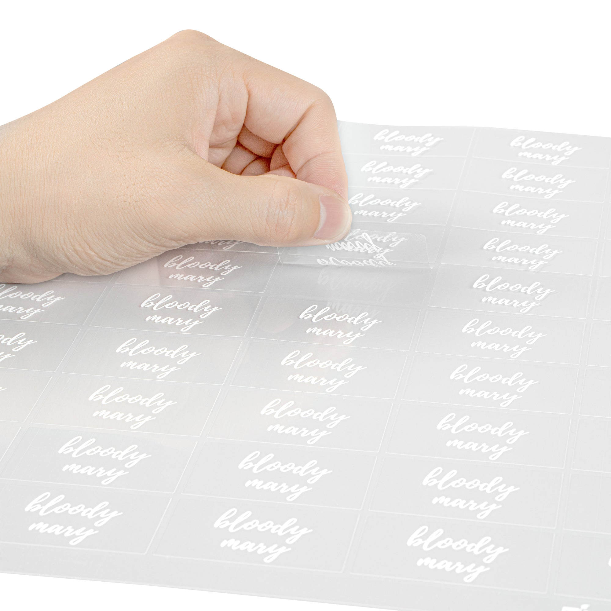 Label Tek Plastic Bloody Mary Label - Clear with White Font, Water-Resistant - 2" x 1" - 100 count box