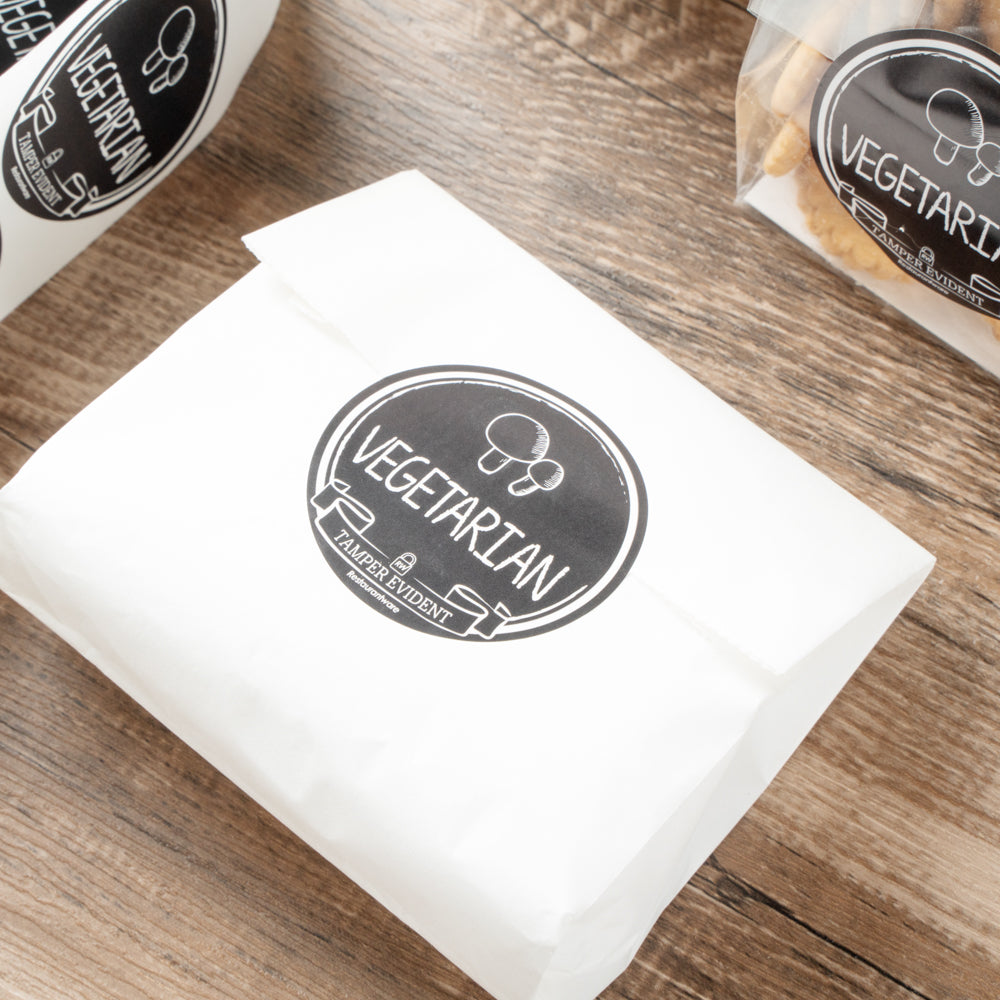 Label Tek Plastic Vegetarian Label - Black with White Font, Tamper-Evident - 2" x 2" - 500 count box