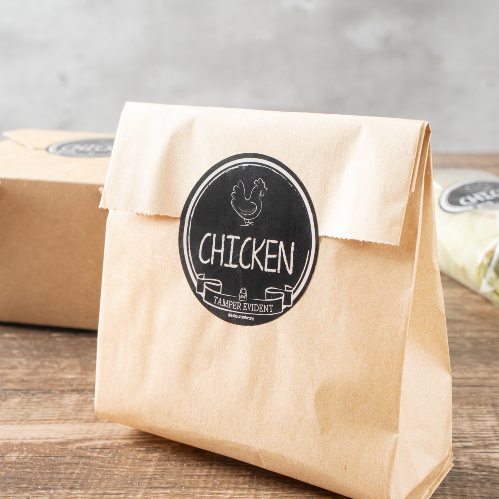 Label Tek Plastic Chicken Label - Black with White Font, Tamper-Evident - 2" x 2" - 500 count box