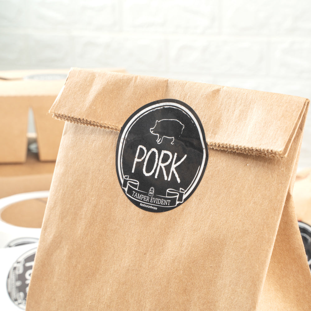 Label Tek Plastic Pork Label - Black with White Font, Tamper-Evident - 2" x 2" - 500 count box