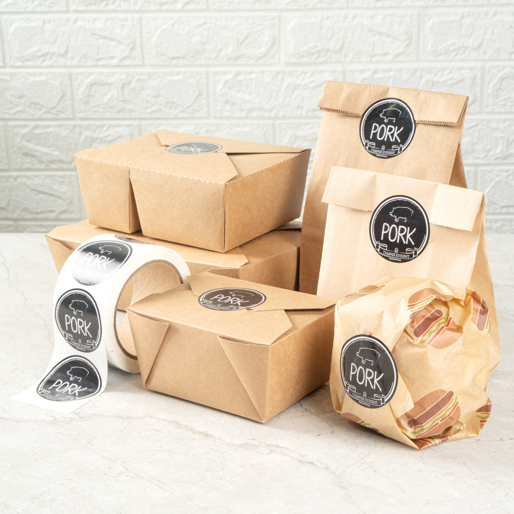 Label Tek Plastic Pork Label - Black with White Font, Tamper-Evident - 2" x 2" - 500 count box