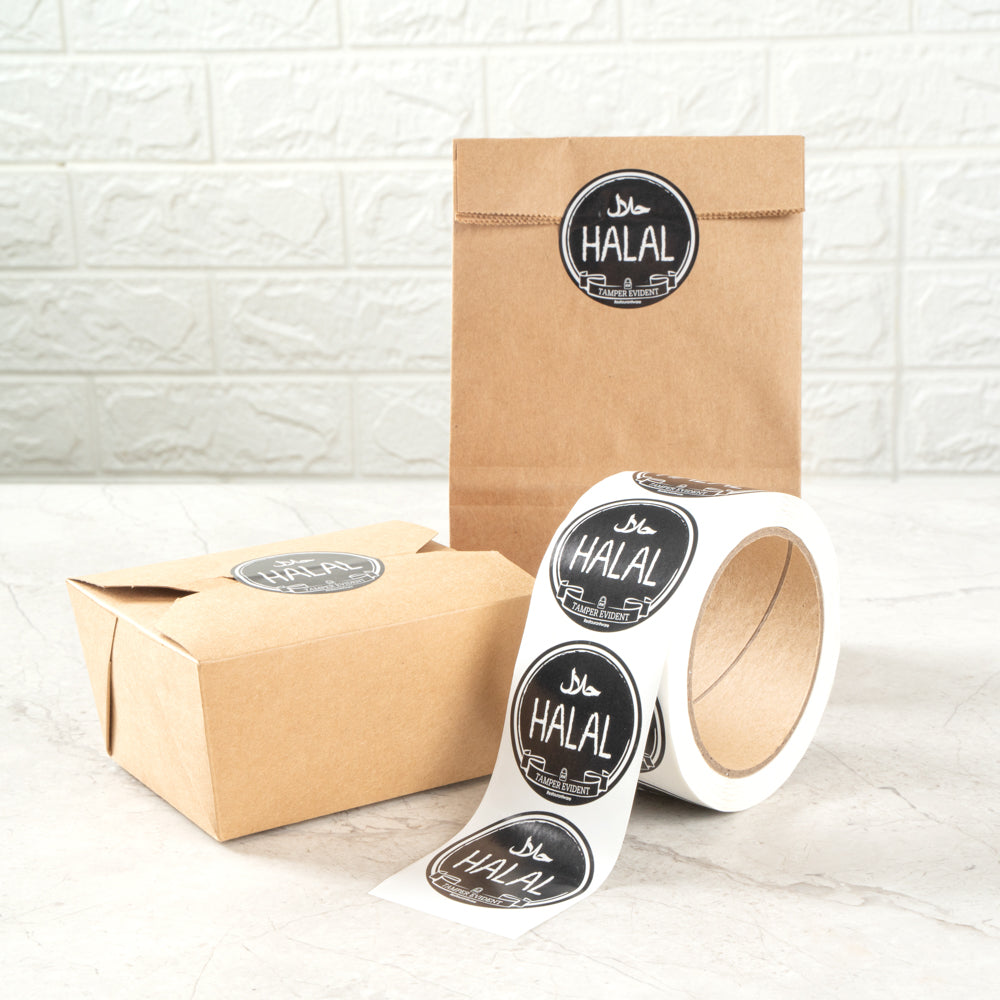 Label Tek Plastic Halal Label - Black with White Font, Tamper-Evident - 2" x 2" - 500 count box