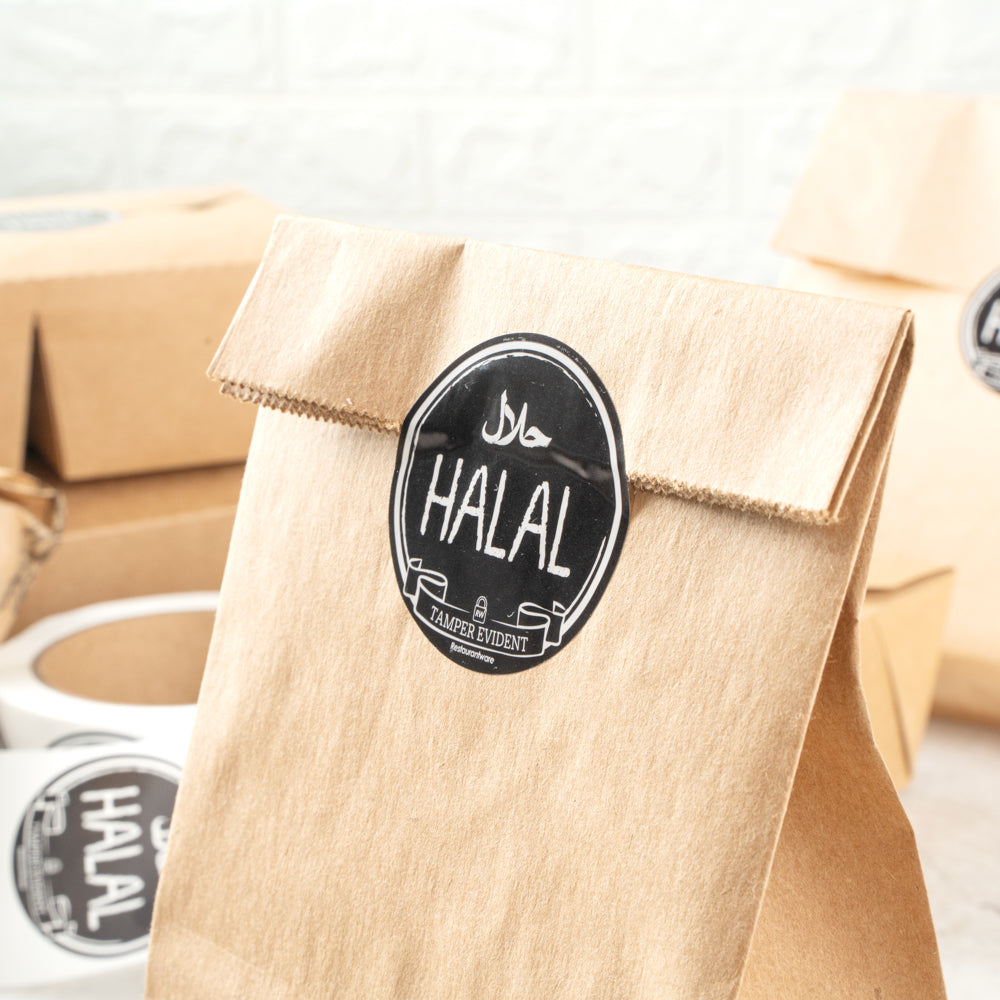 Label Tek Plastic Halal Label - Black with White Font, Tamper-Evident - 2" x 2" - 500 count box