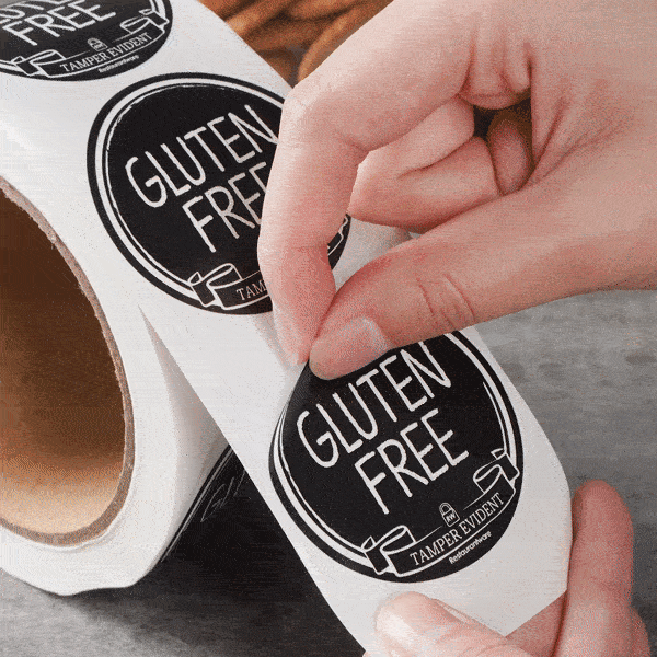 Label Tek Plastic Gluten Free Label - Black with White Font, Tamper-Evident - 2" x 2" - 500 count box
