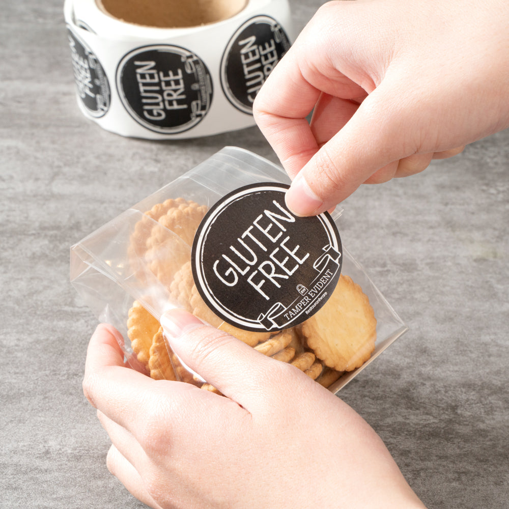 Label Tek Plastic Gluten Free Label - Black with White Font, Tamper-Evident - 2" x 2" - 500 count box