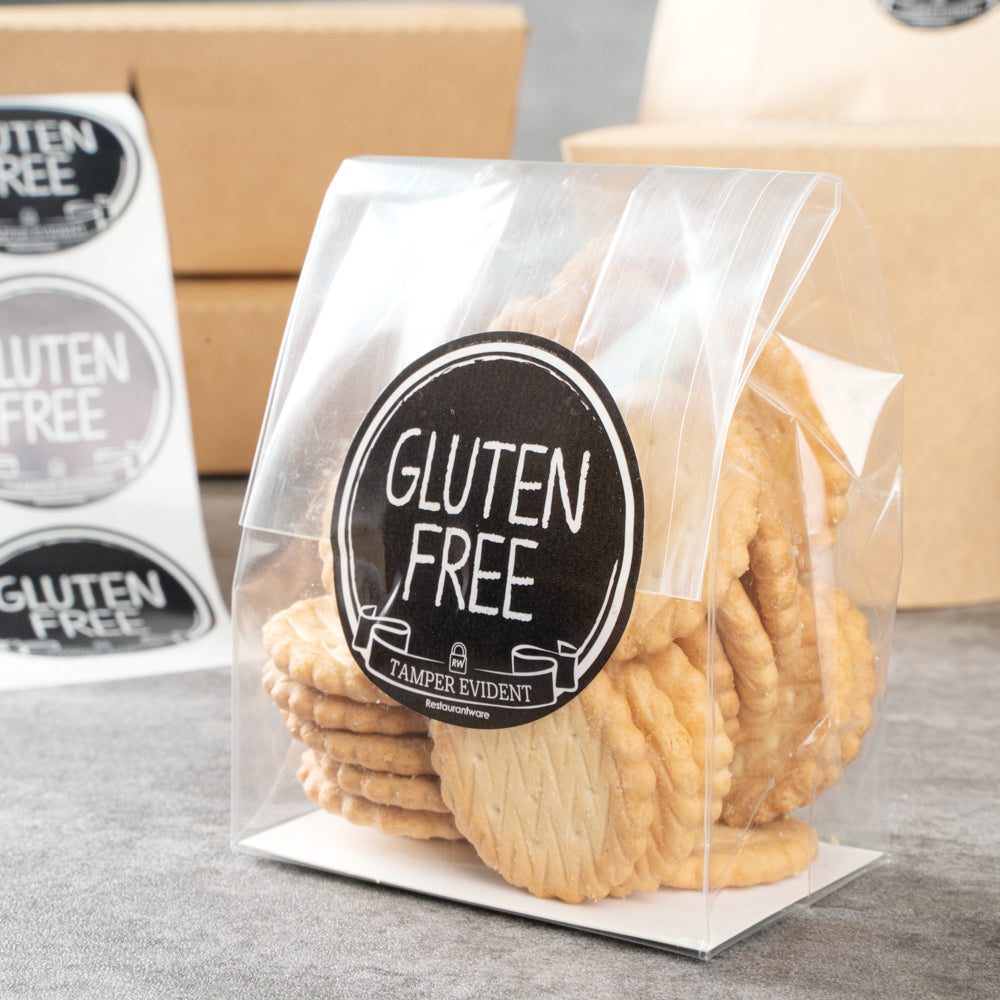 Label Tek Plastic Gluten Free Label - Black with White Font, Tamper-Evident - 2" x 2" - 500 count box
