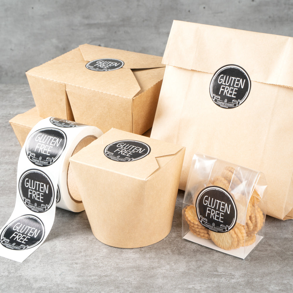 Label Tek Plastic Gluten Free Label - Black with White Font, Tamper-Evident - 2" x 2" - 500 count box