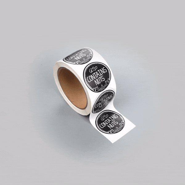 Label Tek Plastic Contains Nuts Label - Black with White Font, Tamper-Evident - 2" x 2" - 500 count box