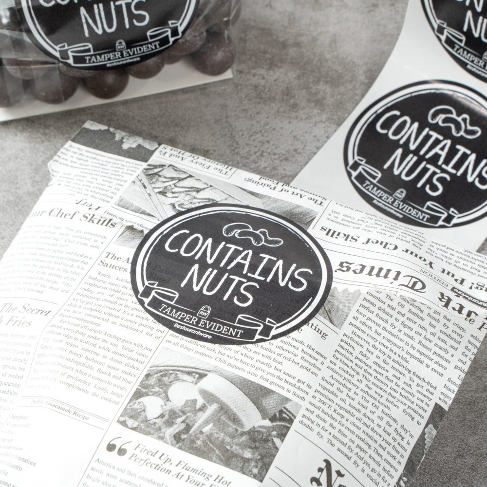 Label Tek Plastic Contains Nuts Label - Black with White Font, Tamper-Evident - 2" x 2" - 500 count box
