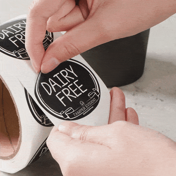 Label Tek Plastic Dairy Free Label - Black with White Font, Tamper-Evident - 2" x 2" - 500 count box