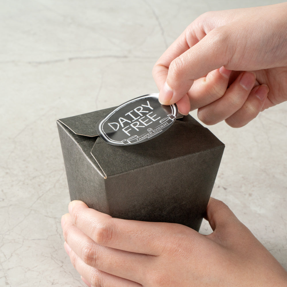 Label Tek Plastic Dairy Free Label - Black with White Font, Tamper-Evident - 2" x 2" - 500 count box