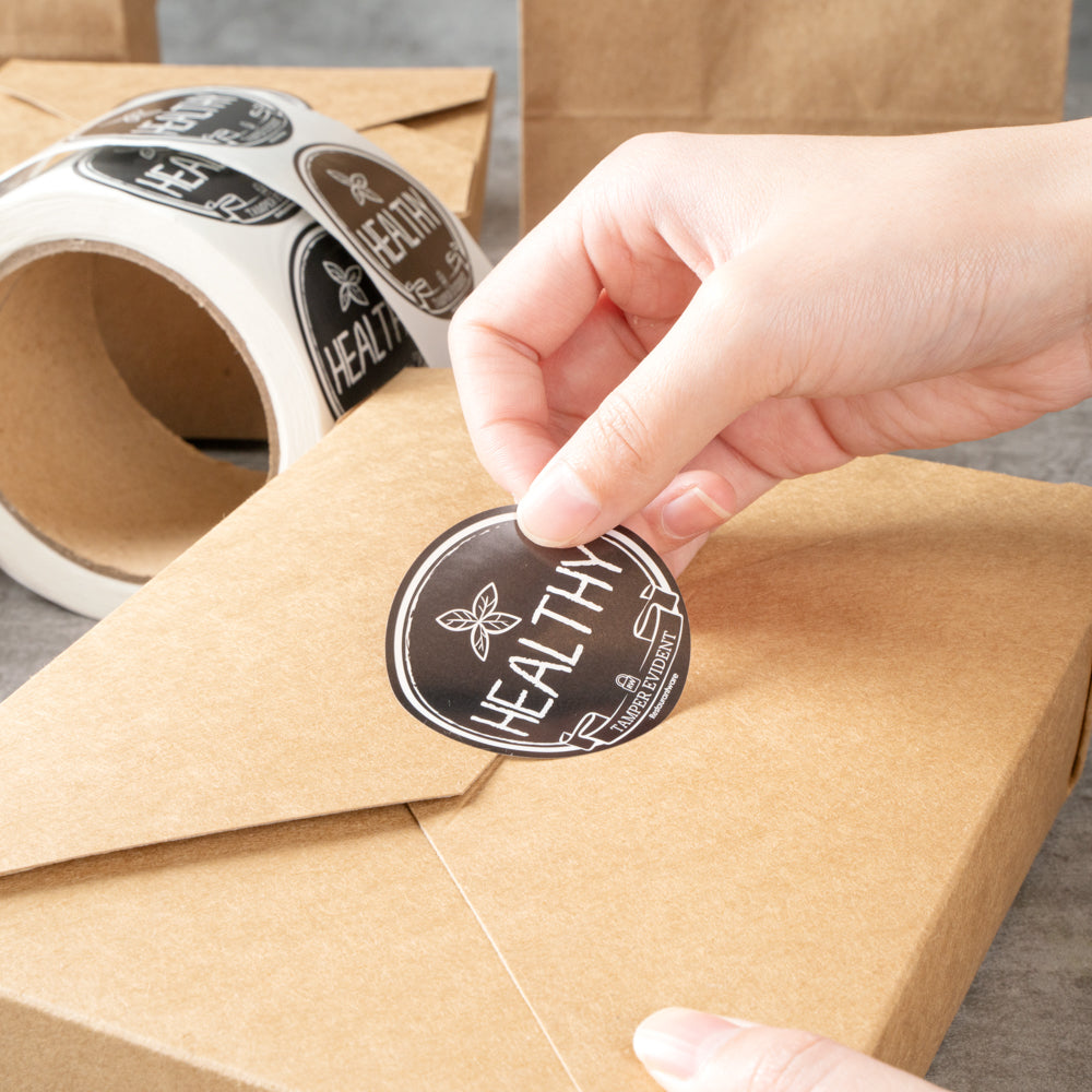 Label Tek Plastic Healthy Label - Black with White Font, Tamper-Evident - 2" x 2" - 500 count box