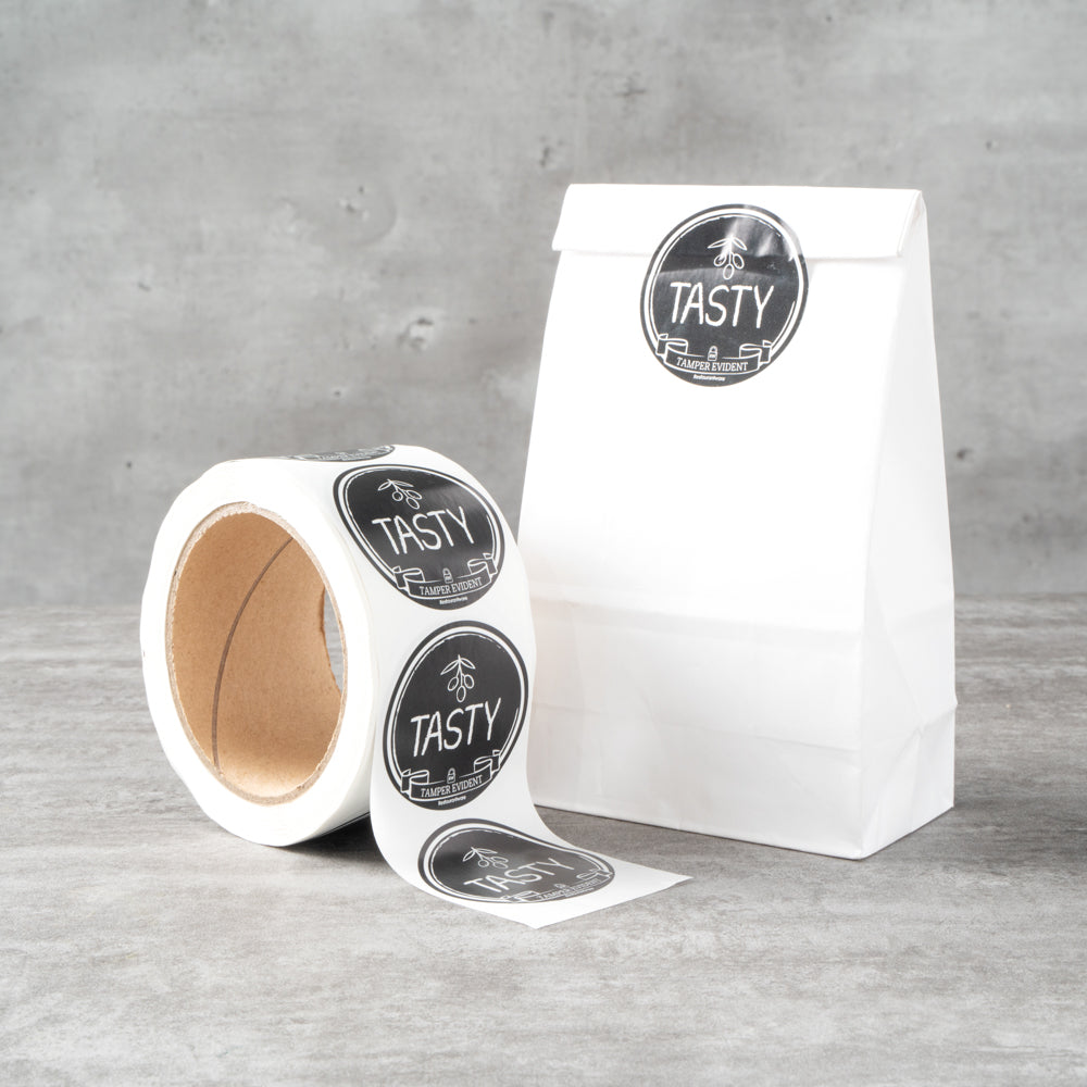 Label Tek Plastic Tasty Label - Black with White Font, Tamper-Evident - 2" x 2" - 500 count box