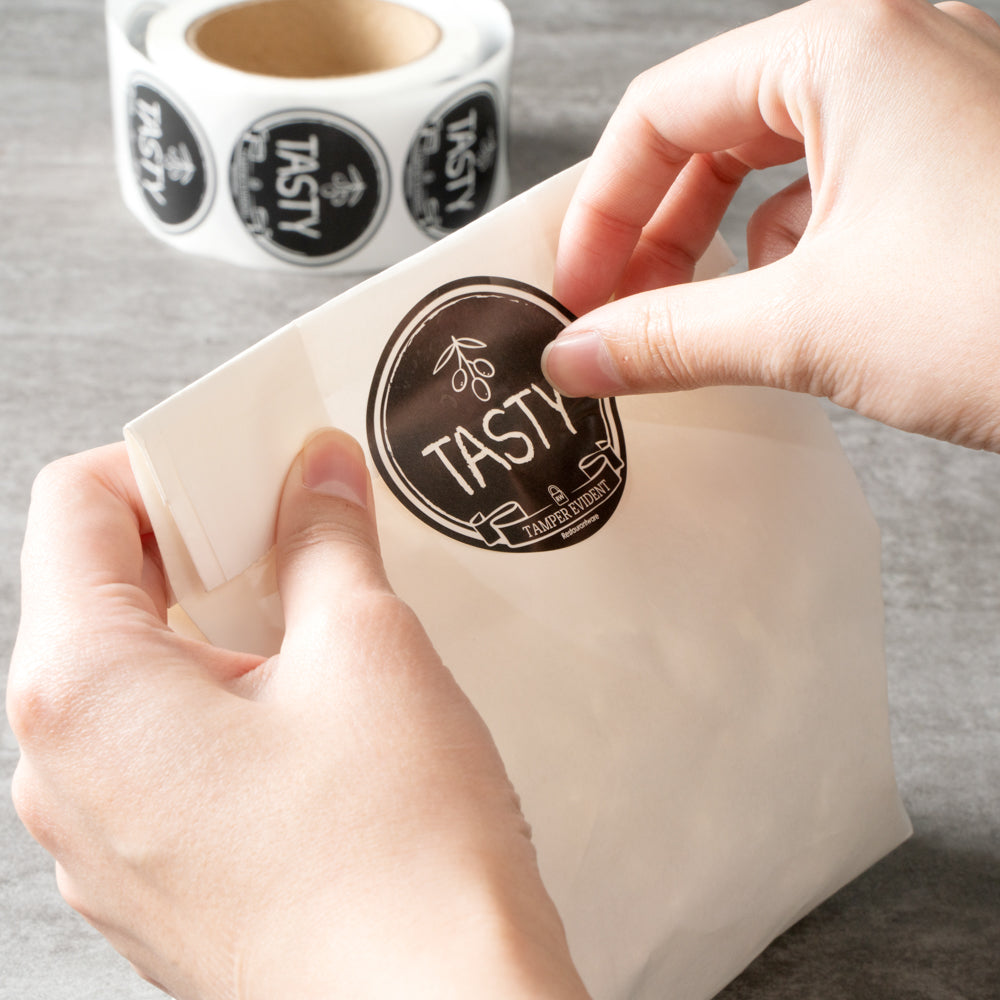 Label Tek Plastic Tasty Label - Black with White Font, Tamper-Evident - 2" x 2" - 500 count box