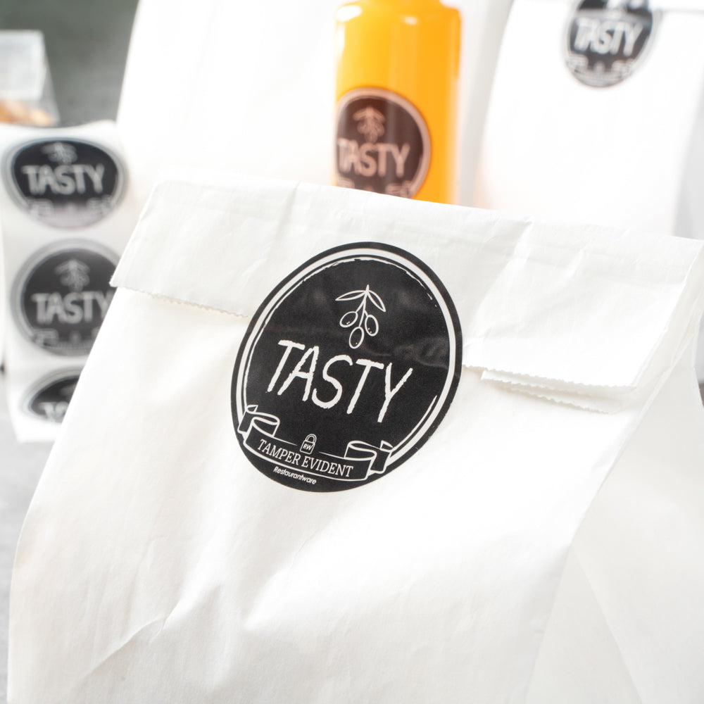 Label Tek Plastic Tasty Label - Black with White Font, Tamper-Evident - 2" x 2" - 500 count box