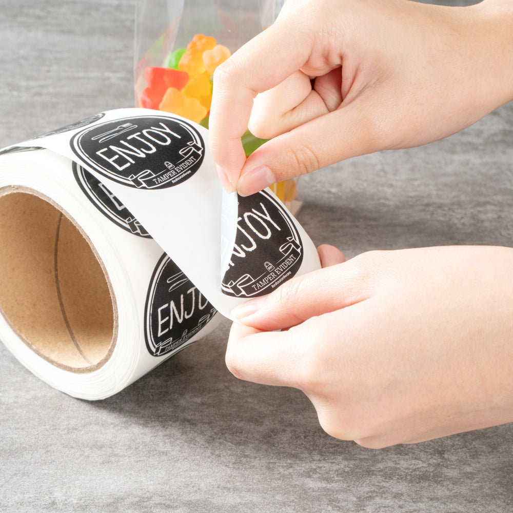 Label Tek Plastic Enjoy Label - Black with White Font, Tamper-Evident - 2" x 2" - 500 count box