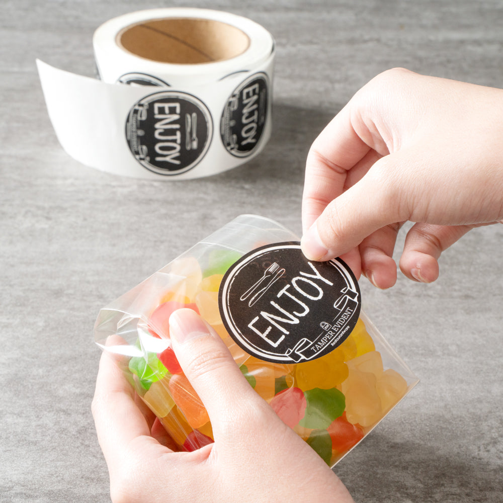 Label Tek Plastic Enjoy Label - Black with White Font, Tamper-Evident - 2" x 2" - 500 count box